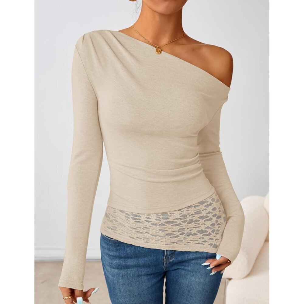 Women's Off Shoulder Apricot Long Sleeve Top Casual Lace Slim Fit Fall YK Blouse - Picture 4 of 5